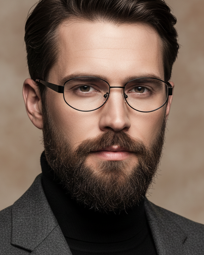 Man wearing glasses and a gray suit against a beige background