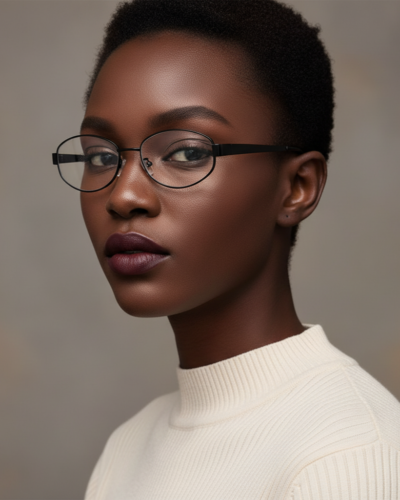 Woman wearing glasses and a white sweater against a neutral background