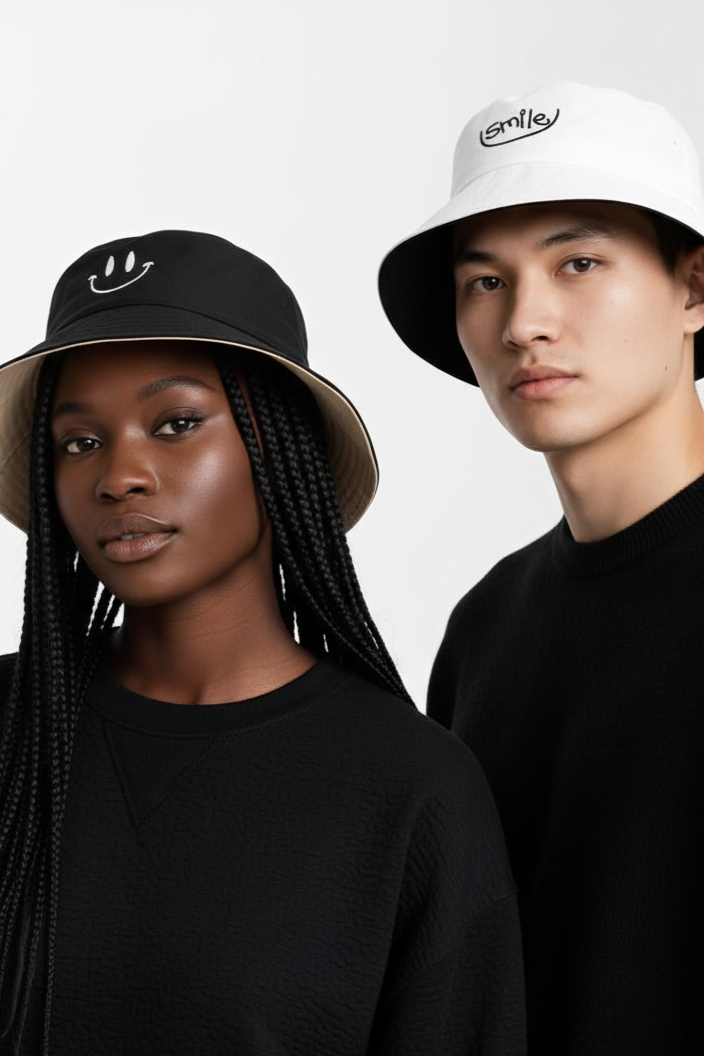 Reversible Smiley Face Bucket Hat | Black and Yellow Cotton Sun Hat | Packable Beach & Festival Hat for Men, Women & Teens