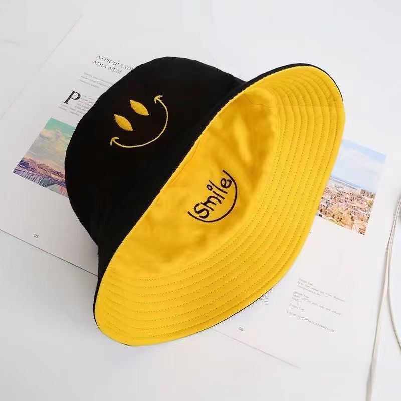 Reversible Smiley Face Bucket Hat | Black and Yellow Cotton Sun Hat | Packable Beach & Festival Hat for Men, Women & Teens
