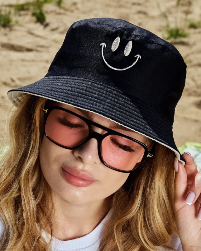 Reversible Smiley Face Bucket Hat | Black and Yellow Cotton Sun Hat | Packable Beach & Festival Hat for Men, Women & Teens