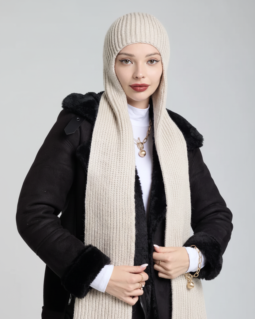 Woman wearing a black coat, white sweater, beige scarf, and knit hat on a gray background