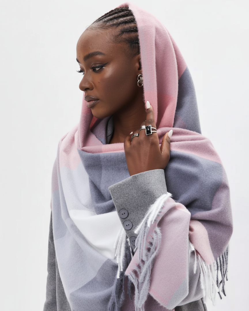 Woman wearing a colorful scarf with a white background