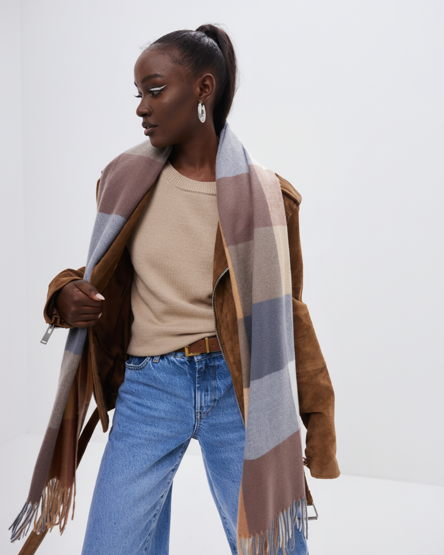 Woman wearing a brown coat, beige sweater, blue jeans, and a plaid scarf on a white background