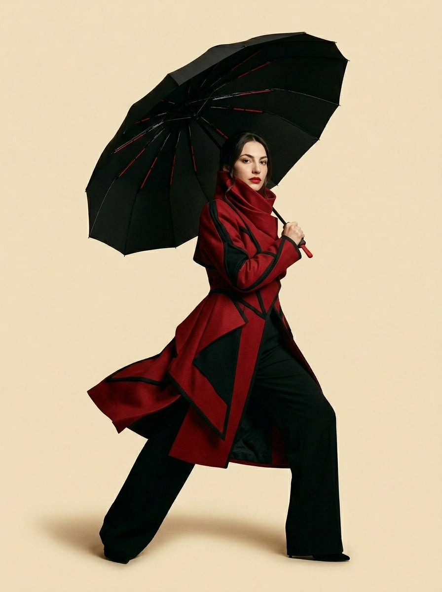 The Bastion - Black and Red Compact UPF50+ Automatic Windproof Travel Umbrella