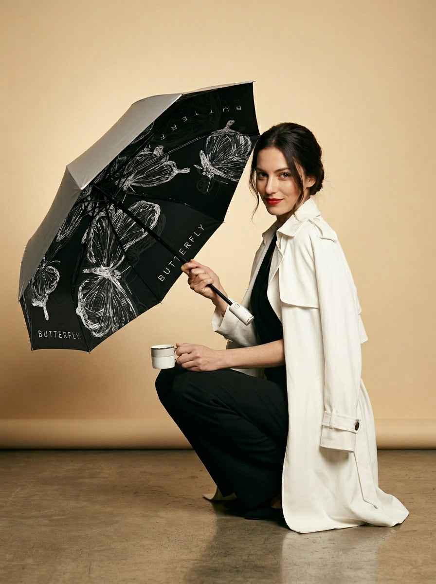 The Lithograph - Automatic Tri-Fold Umbrella | Butterfly Interior |  Black