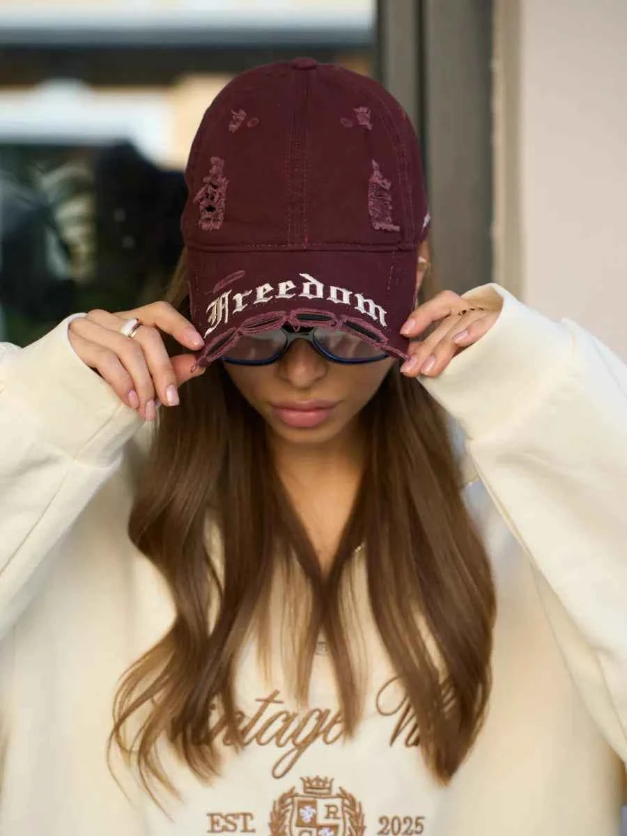 Marie Kiro Freedom Distressed Denim Baseball Cap - Vintage Embroidery Dad Hat - Adjustable Unisex Cotton Cap