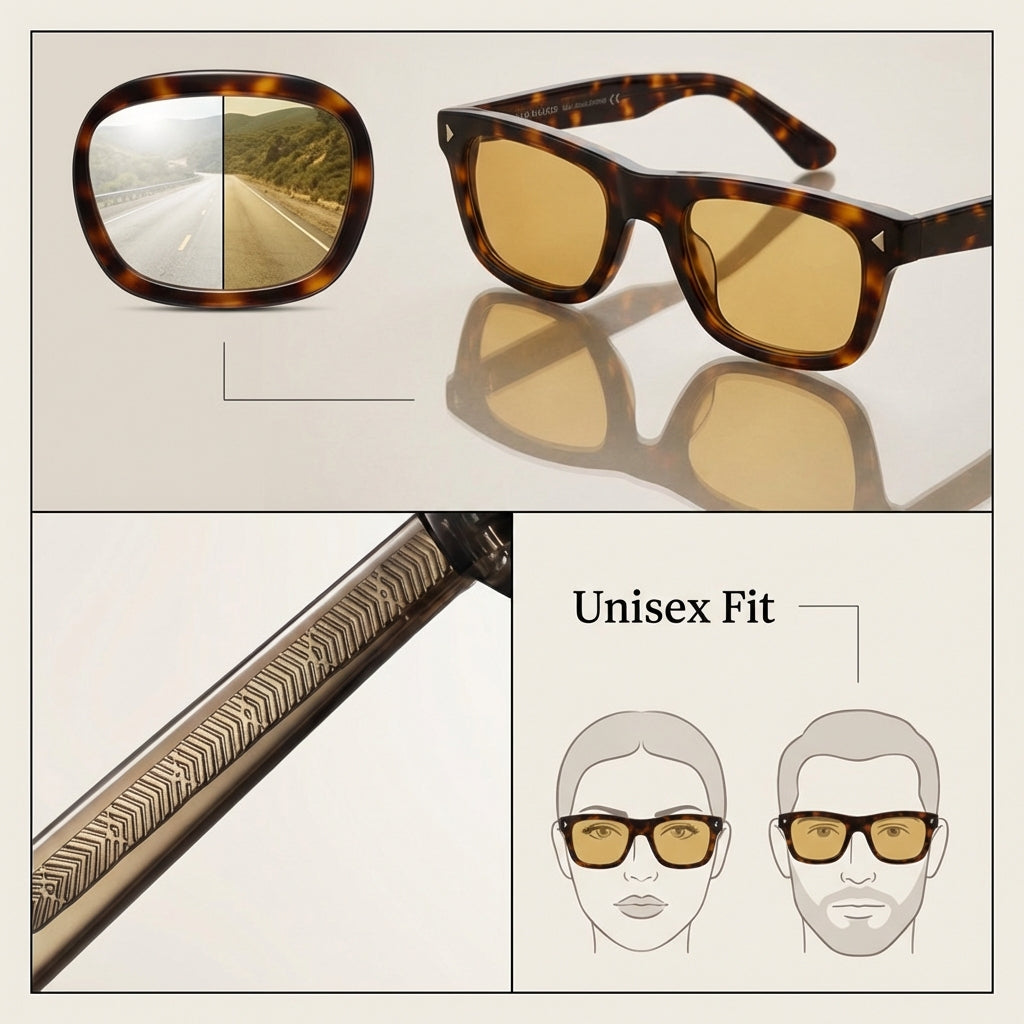 Square Sunglasses - Amber Polarized UV400 - Premium Acetate Frame for Driving