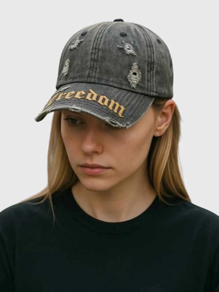 Marie Kiro Freedom Distressed Denim Baseball Cap - Vintage Embroidery Dad Hat - Adjustable Unisex Cotton Cap