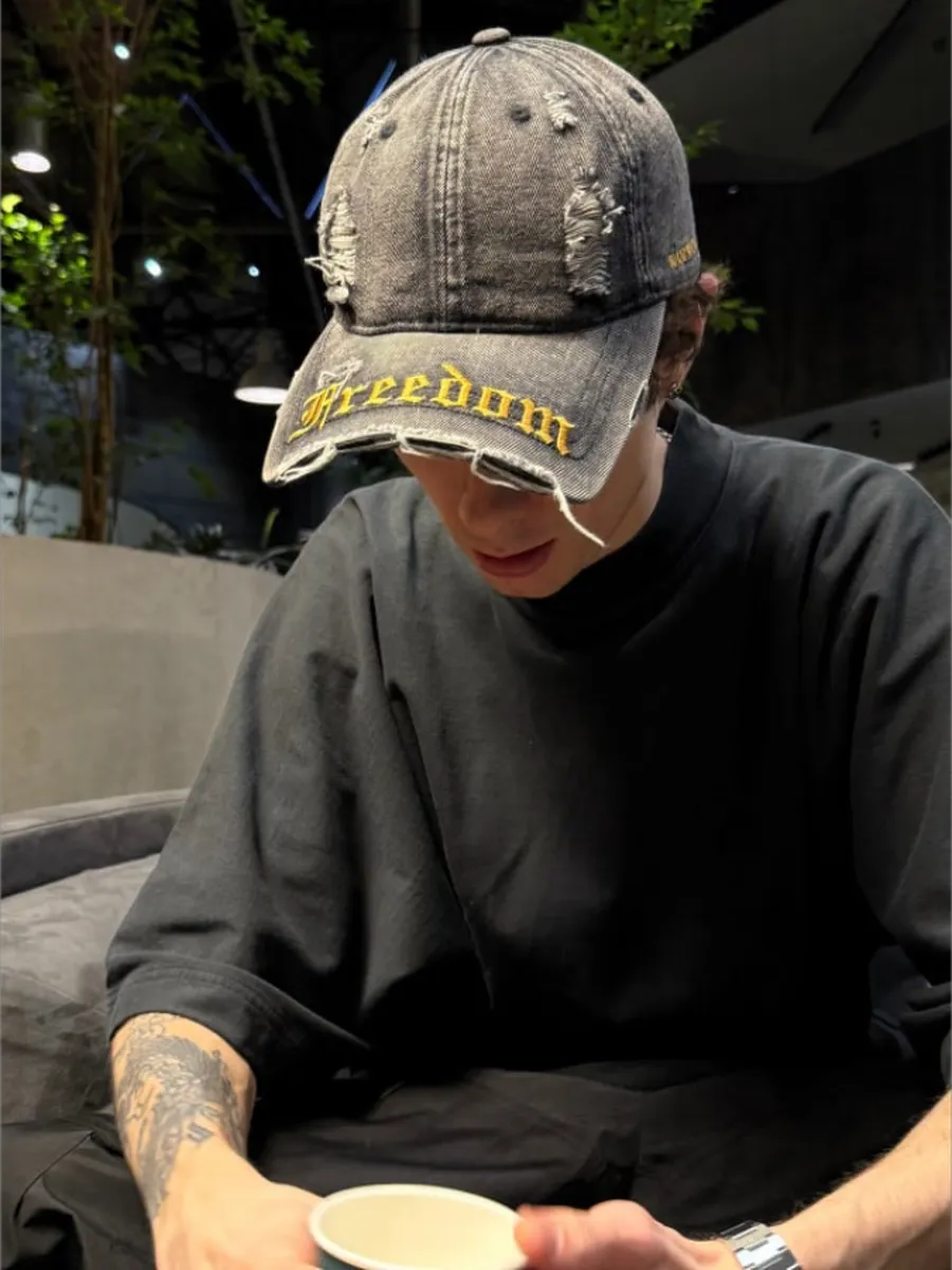 Distressed Denim Baseball Cap - Vintage Embroidery Dad Hat - Adjustable Unisex Cotton Cap