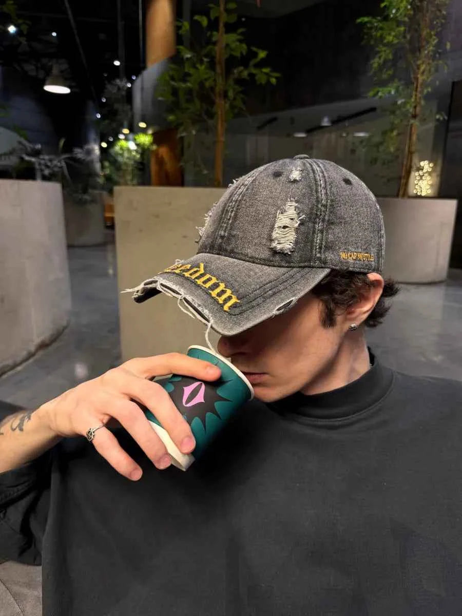 Marie Kiro Freedom Distressed Denim Baseball Cap - Vintage Embroidery Dad Hat - Adjustable Unisex Cotton Cap