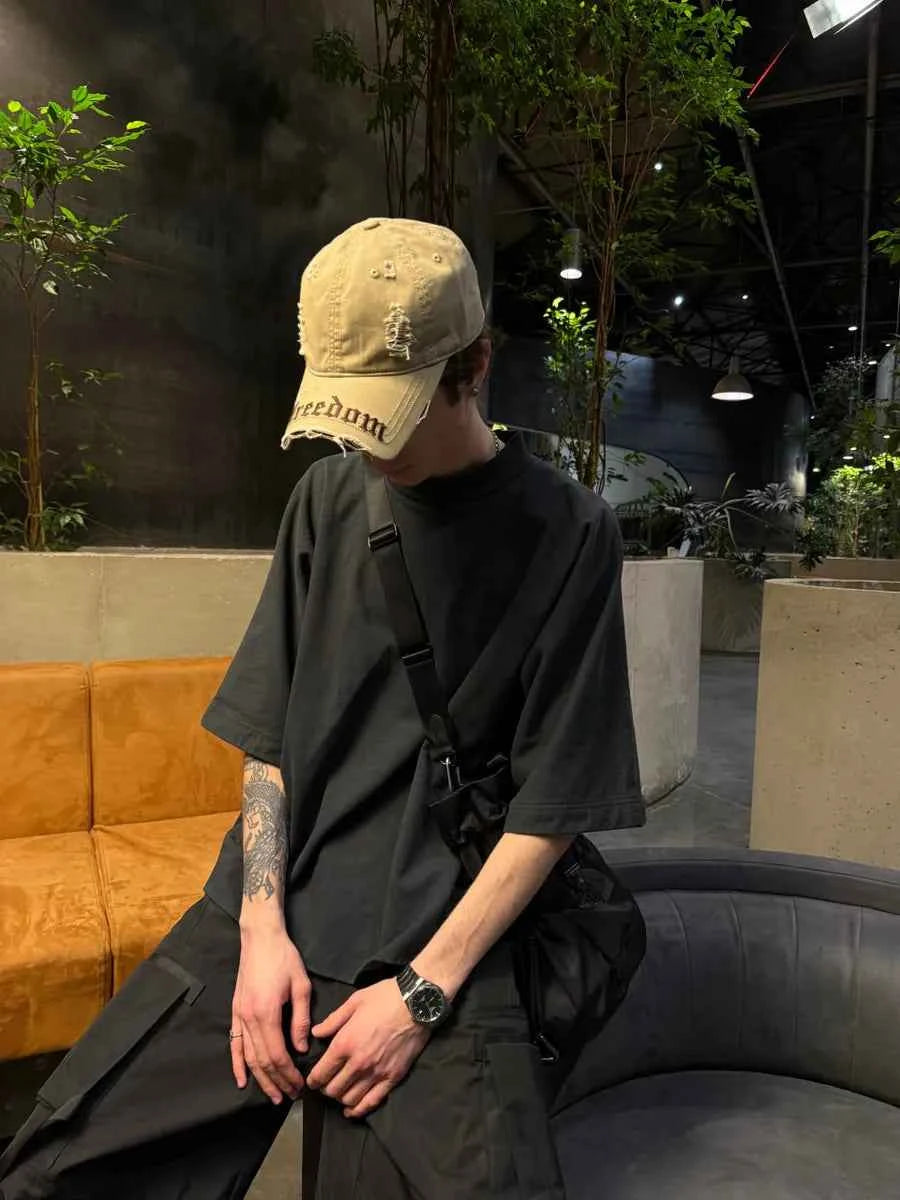 Marie Kiro Freedom Distressed Denim Baseball Cap - Vintage Embroidery Dad Hat - Adjustable Unisex Cotton Cap