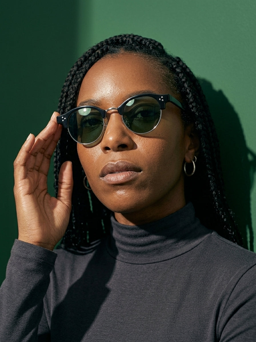 The Vantage - Black Silver with Green Lens | Round Half-Frame Polarized Sunglasses | UV400 TR90