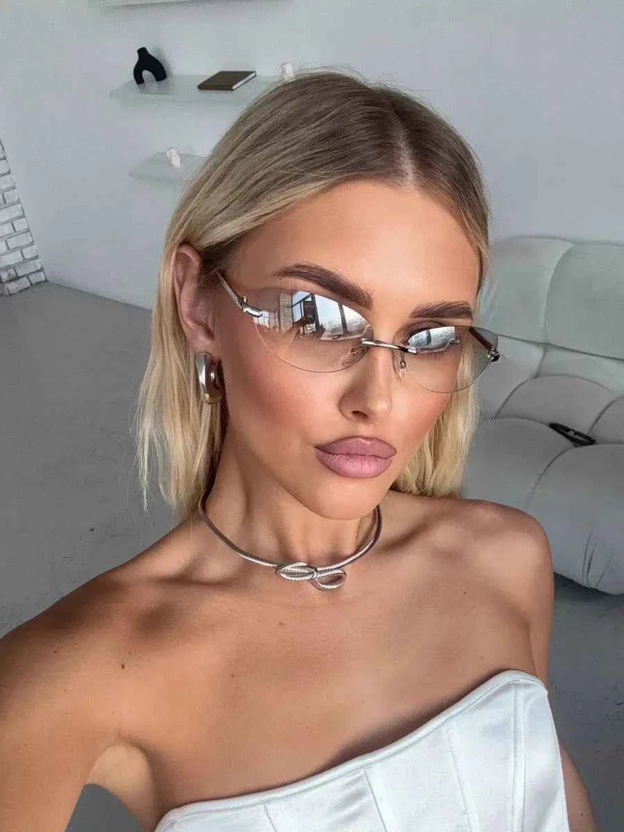 Marie Kiro Y2K Rimless Metal Oval Sunglasses - UV400 Mercury Concave Lens - Retro Frameless Fashion