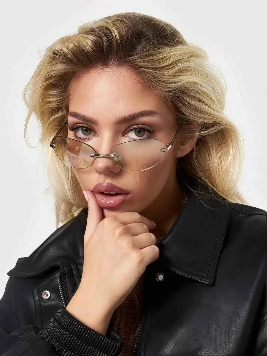 Marie Kiro Y2K Rimless Metal Oval Sunglasses - UV400 Mercury Concave Lens - Retro Frameless Fashion