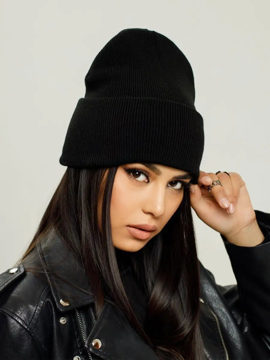 Marie Kiro Cuff Tall Knit Beanie, Black