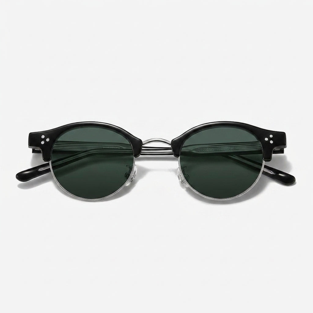 The Vantage - Black Silver with Green Lens | Round Half-Frame Polarized Sunglasses | UV400 TR90