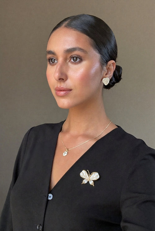 MK Enamel Butterfly Brooch Gold Plated Copper Alloy Zircon Inlay Original Design Two-Tone Pin