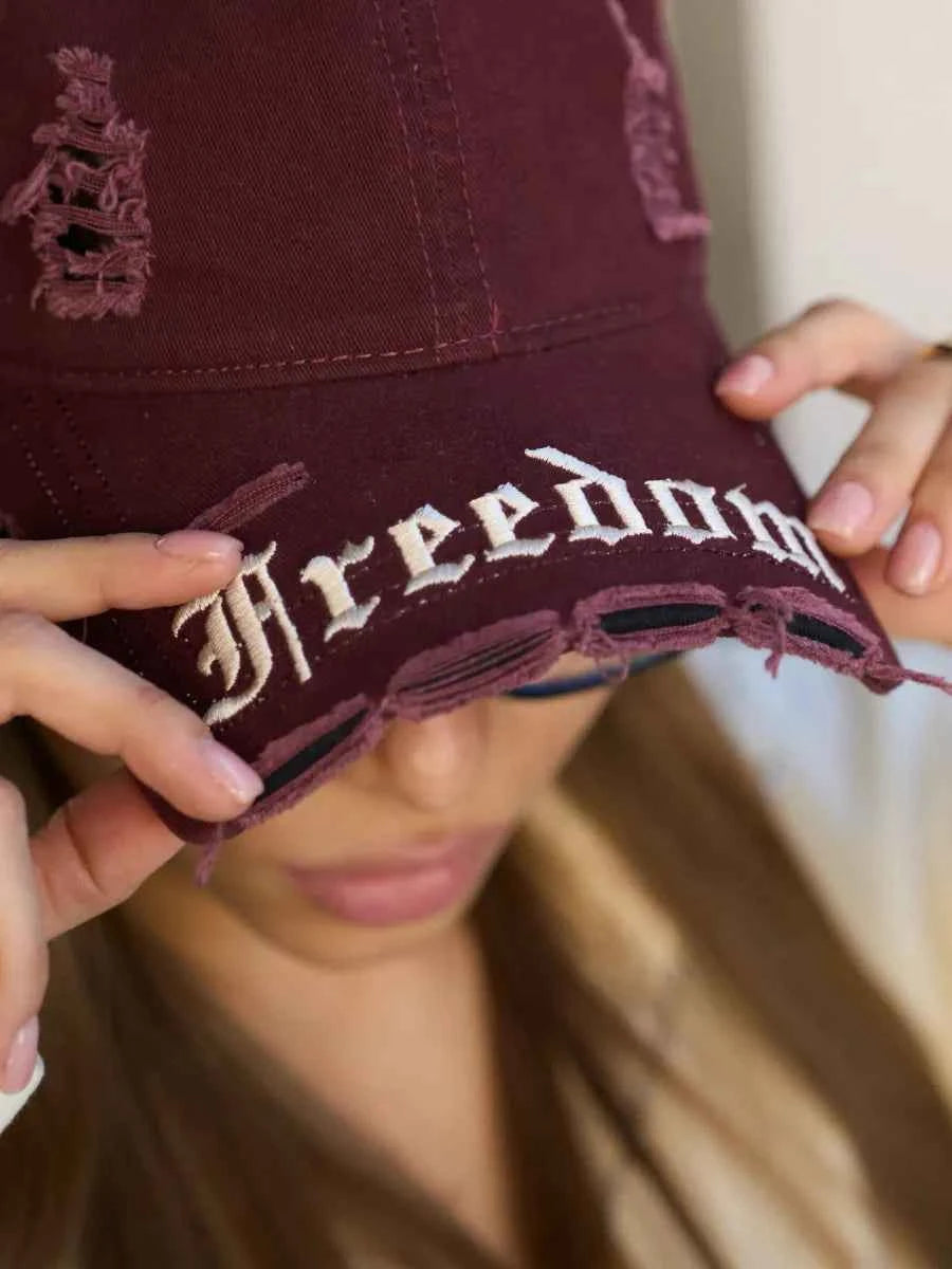 Marie Kiro Freedom Distressed Denim Baseball Cap - Vintage Embroidery Dad Hat - Adjustable Unisex Cotton Cap