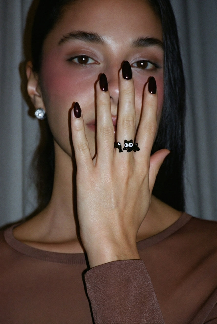 MK-Black Cat Open Ring Copper Adjustable Cartoon Animal Ring Cute Fashion Creative Index Finger Ring for Women Micropaved Jewelry