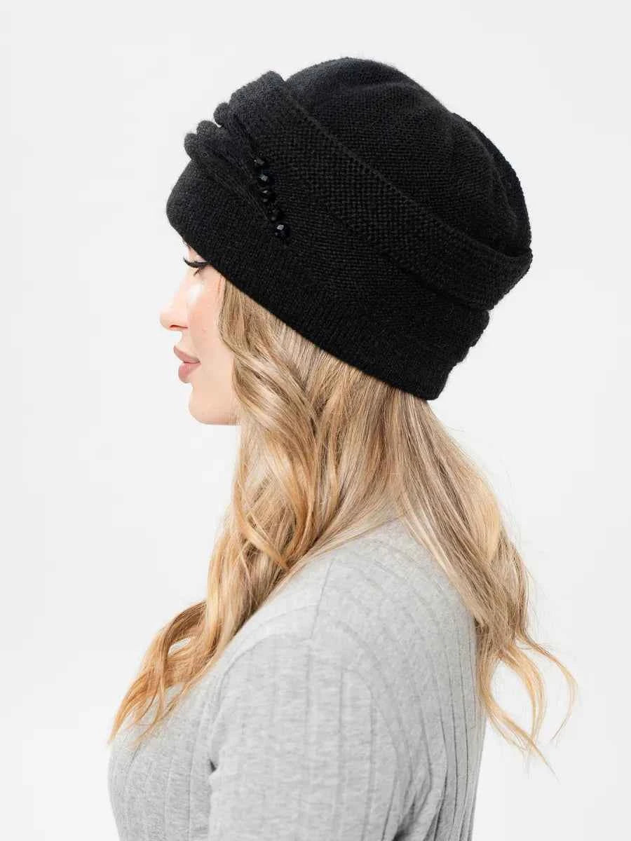 Marie Kiro Cold Open Wide-Brim Knit Beanie, Black