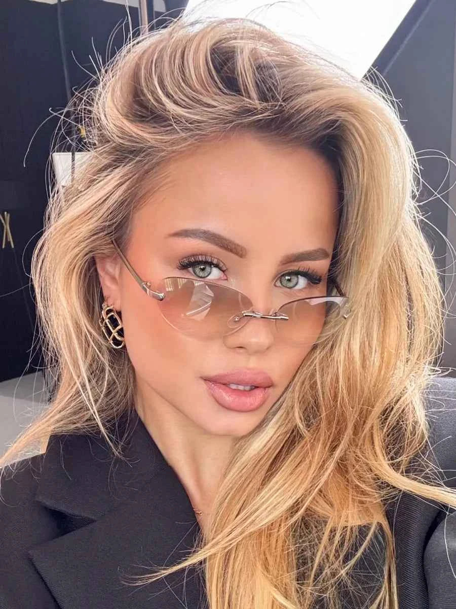Marie Kiro Y2K Rimless Metal Oval Sunglasses - UV400 Mercury Concave Lens - Retro Frameless Fashion