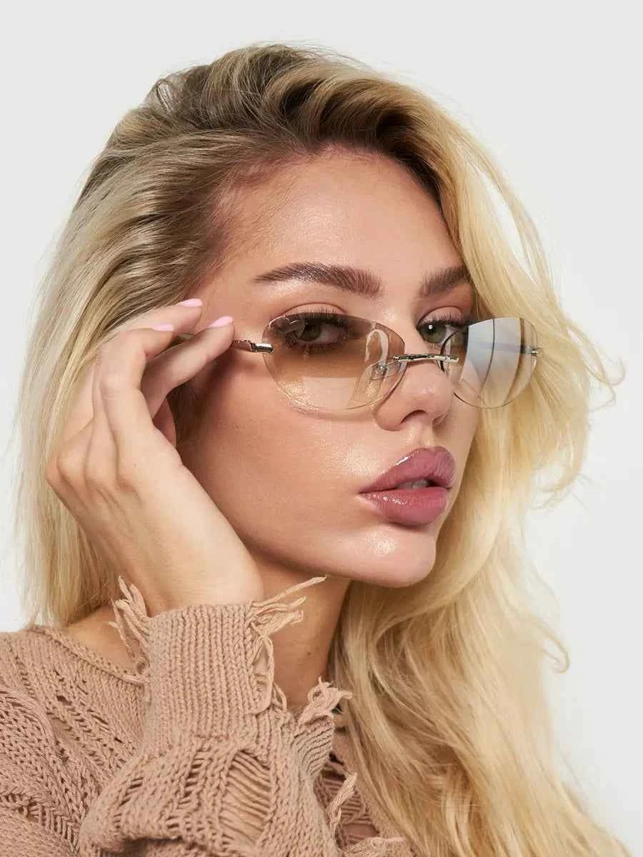 Marie Kiro Y2K Rimless Metal Oval Sunglasses - UV400 Mercury Concave Lens - Retro Frameless Fashion