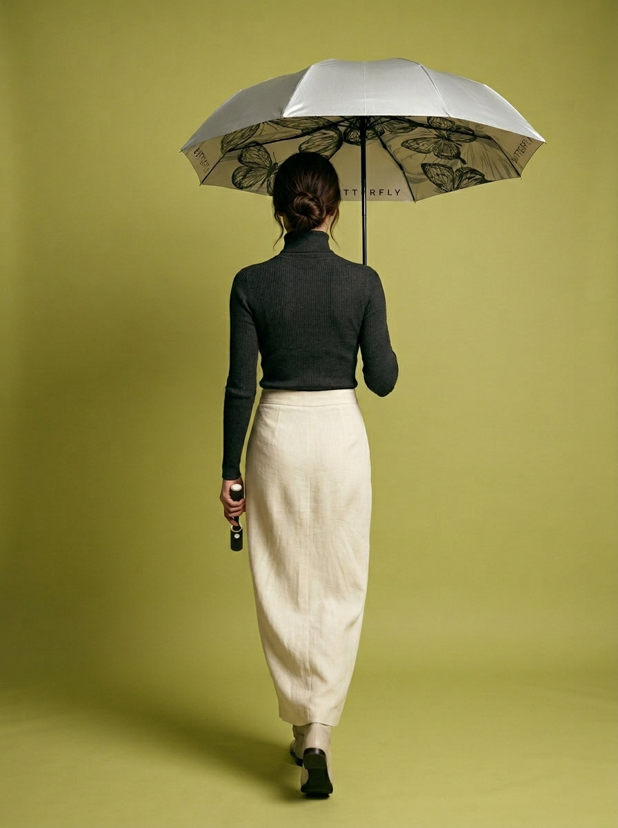 The Lithograph  Automatic Tri-Fold Umbrella | Butterfly Interior |  White