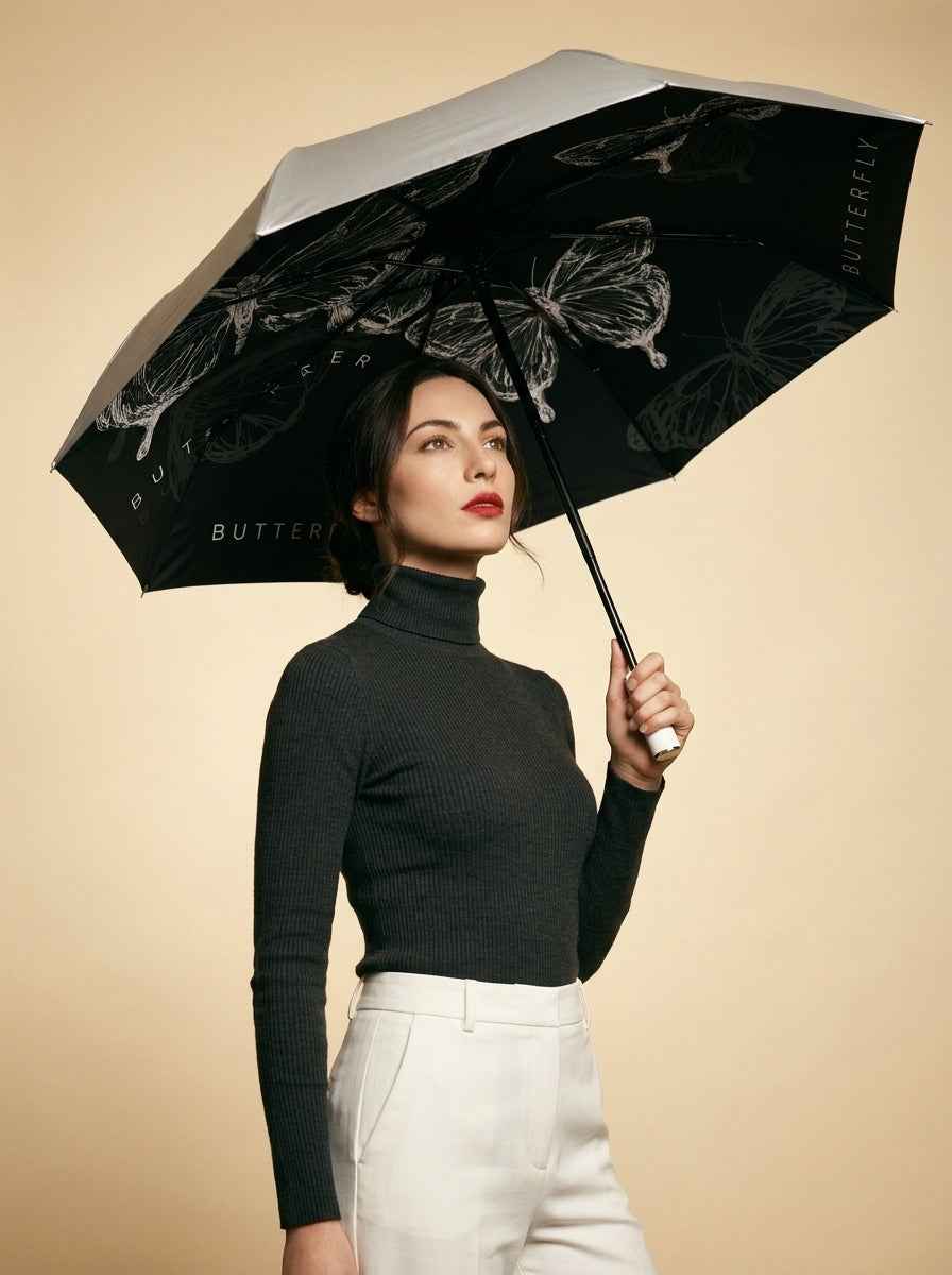 The Lithograph - Automatic Tri-Fold Umbrella | Butterfly Interior |  Black