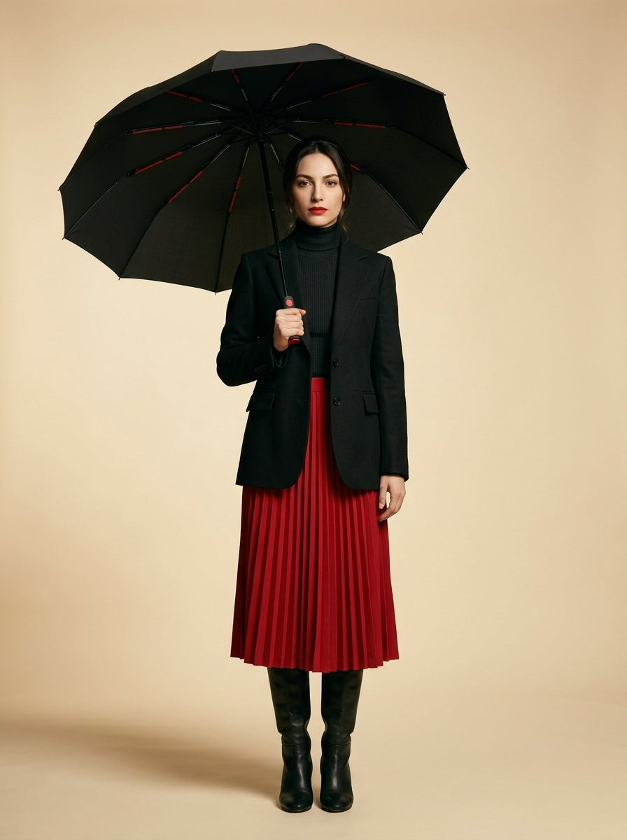 The Bastion - Black and Red Compact UPF50+ Automatic Windproof Travel Umbrella