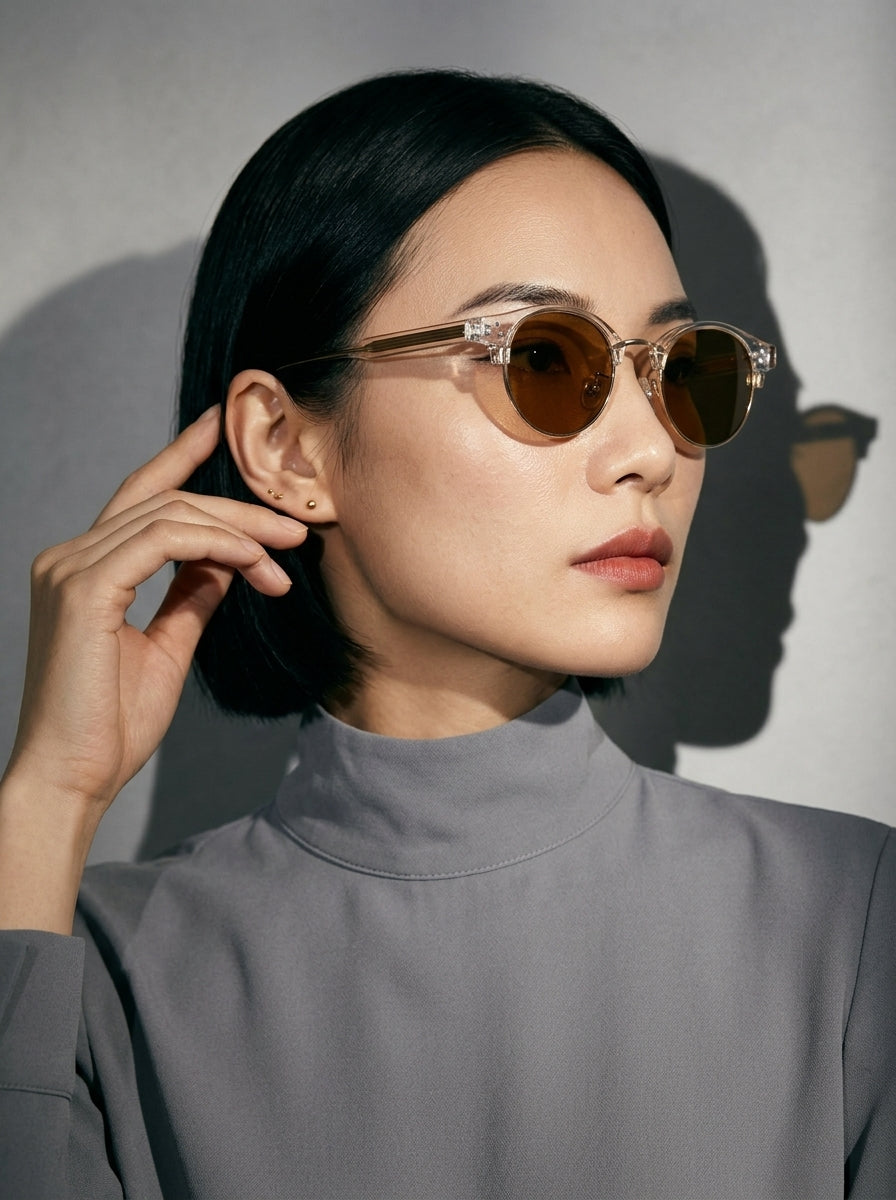 The Vantage - Transparent Tea with Amber Lens | Round Half-Frame Polarized Sunglasses | UV400 TR90