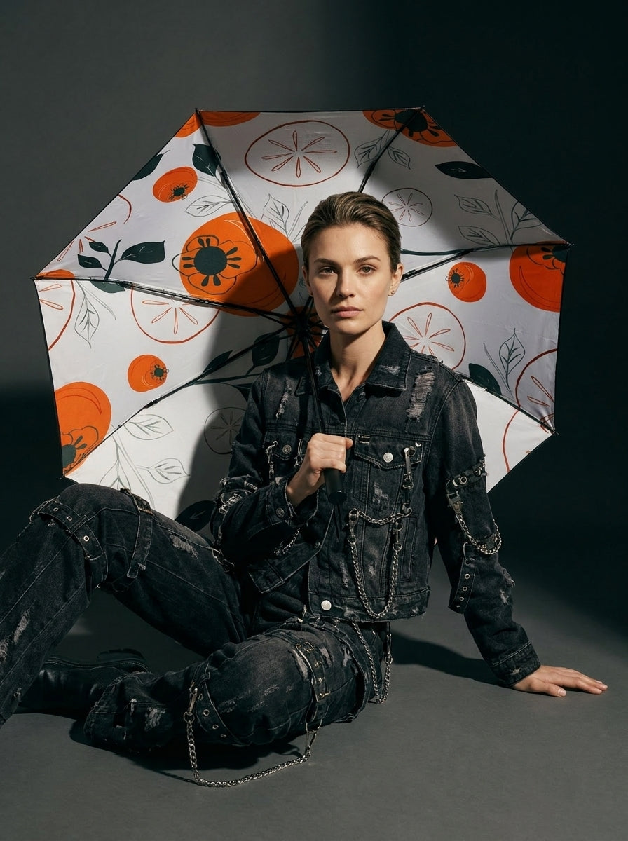 The Seville - Compact Travel Umbrella  UV Protection Double Layer Manual Fold Orange Botanical Print