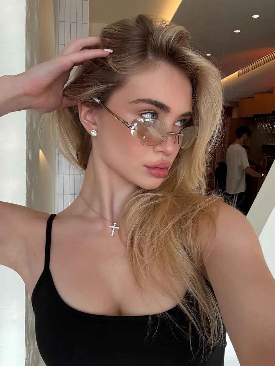 Marie Kiro Y2K Rimless Metal Oval Sunglasses - UV400 Mercury Concave Lens - Retro Frameless Fashion