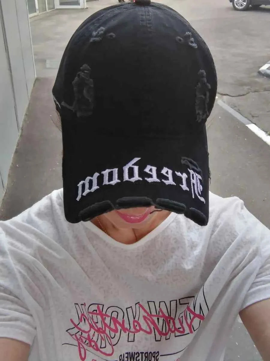 Marie Kiro Freedom Distressed Denim Baseball Cap - Vintage Embroidery Dad Hat - Adjustable Unisex Cotton Cap