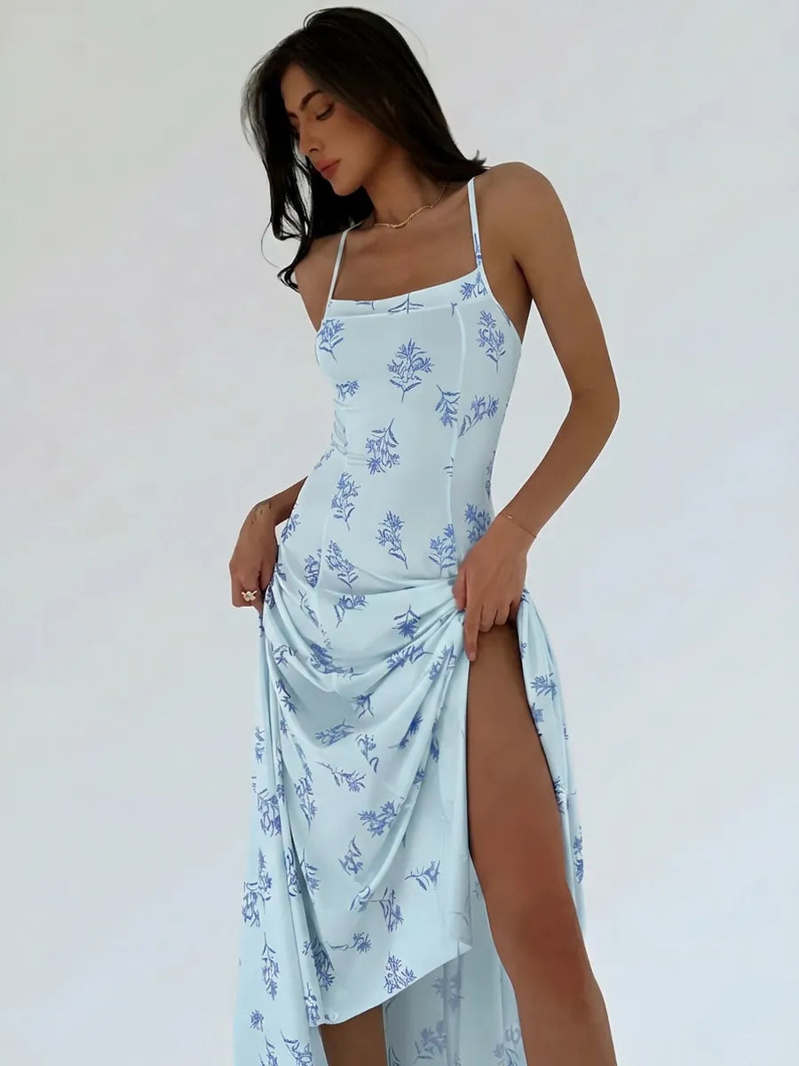 The Wildflower - Square Neck Cami Maxi Dress, Blue Floral