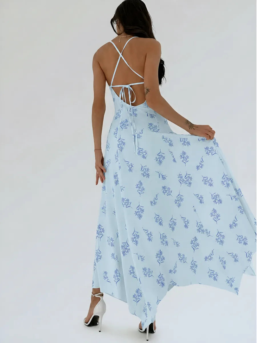 The Wildflower - Square Neck Cami Maxi Dress, Blue Floral