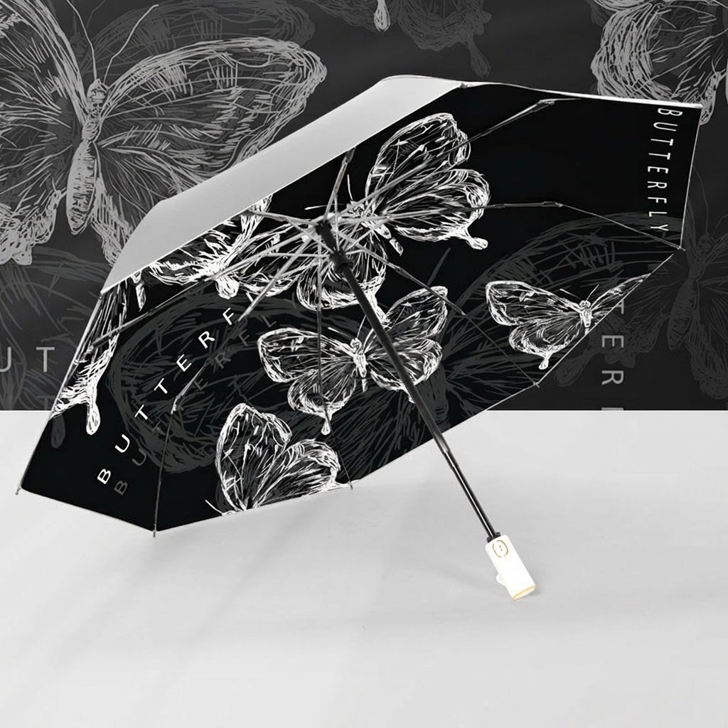 The Lithograph  Automatic Tri-Fold Umbrella | Butterfly Interior |  Black