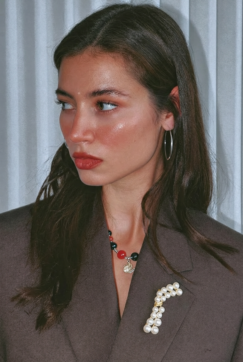 MK-Geometric Pearl Brooch Gold Tone Curved Design Fashion Pin Accessory for Women Elegant Statement Jewelry