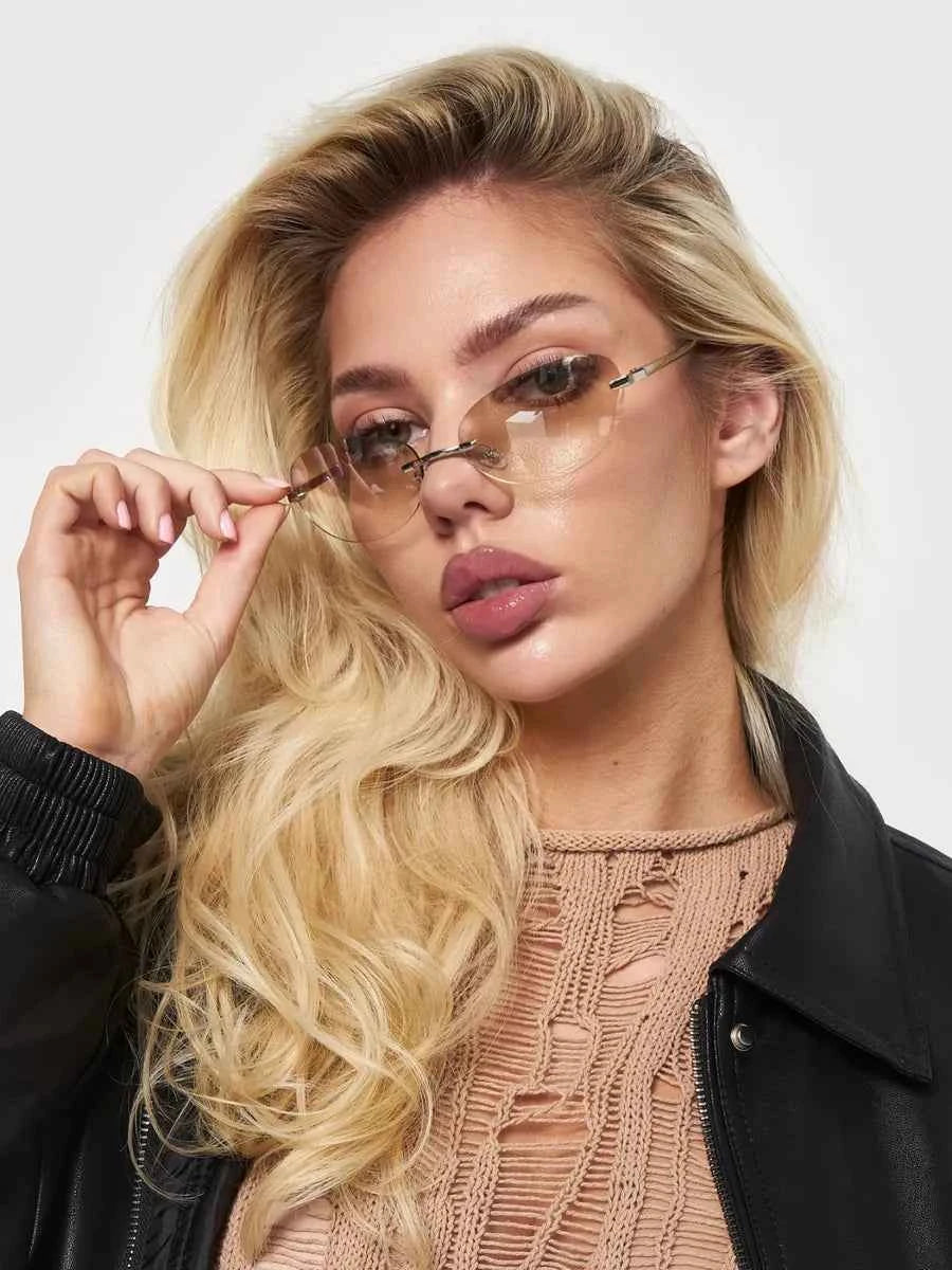 Marie Kiro Y2K Rimless Metal Oval Sunglasses - UV400 Mercury Concave Lens - Retro Frameless Fashion