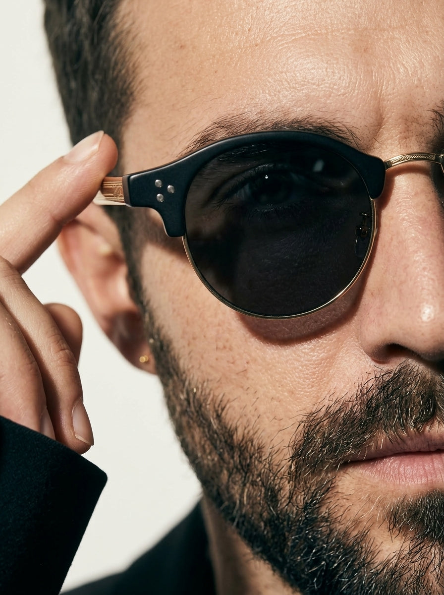 The Vantage - Black Gold with Black Gray Lens | Round Half-Frame Polarized Sunglasses | UV400 TR90