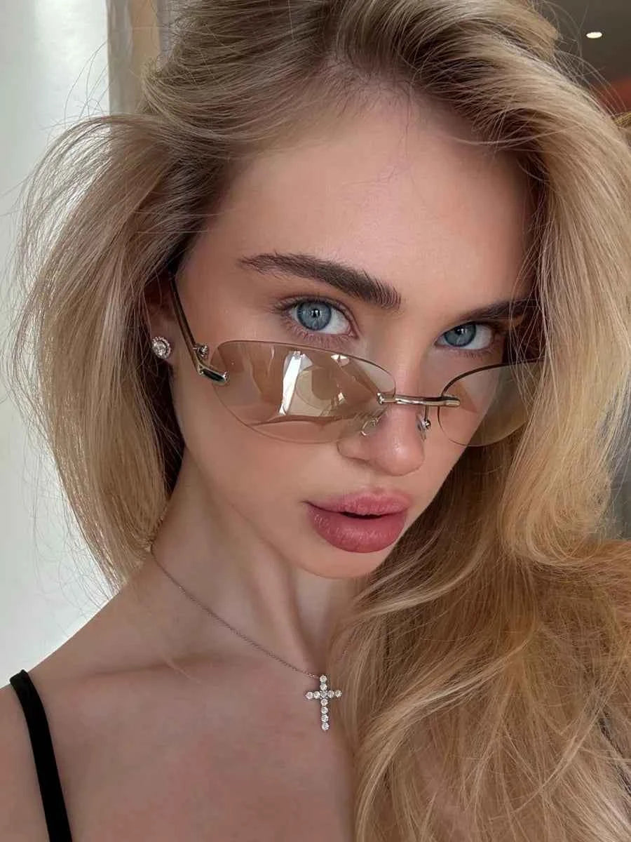 Marie Kiro Y2K Rimless Metal Oval Sunglasses - UV400 Mercury Concave Lens - Retro Frameless Fashion