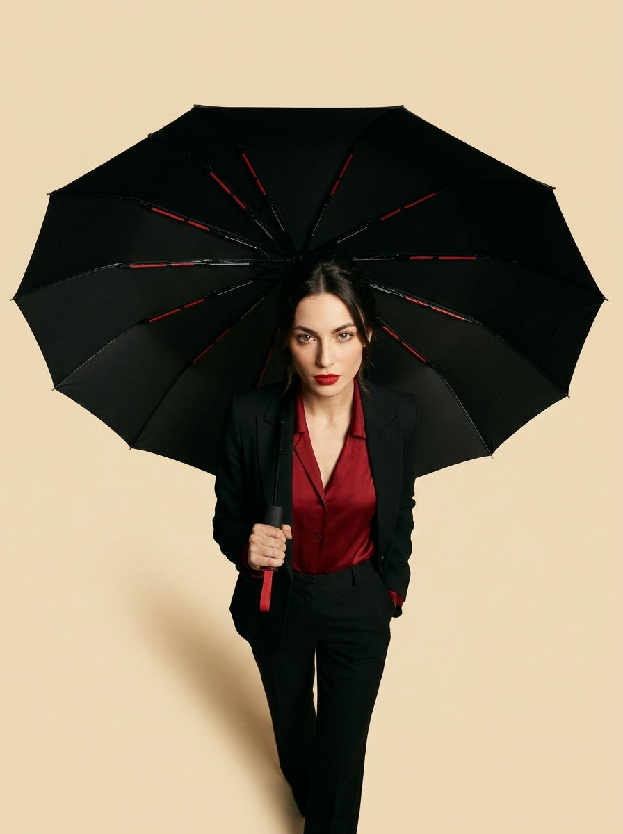 The Bastion - Black and Red Compact UPF50+ Automatic Windproof Travel Umbrella
