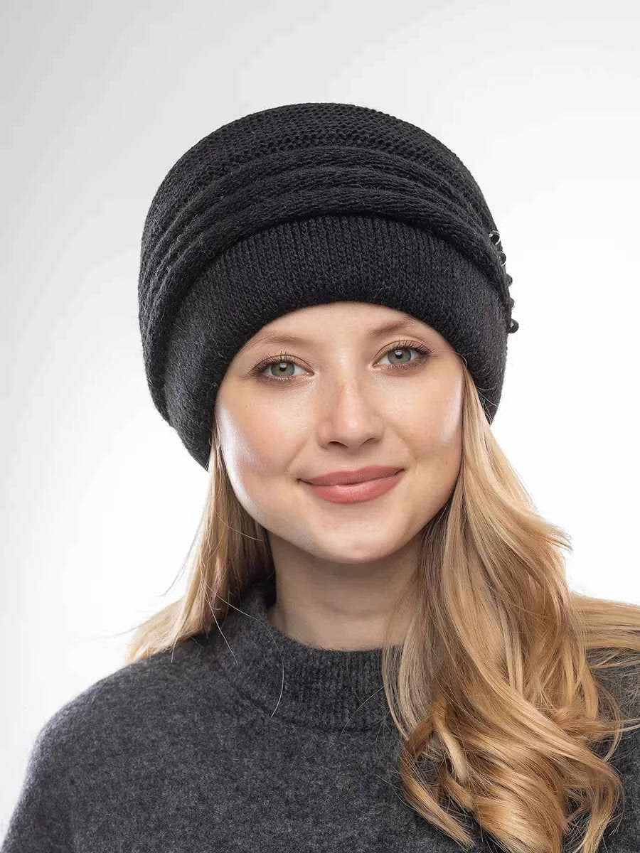 Marie Kiro Cold Open Wide-Brim Knit Beanie, Black