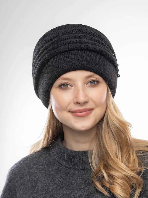 Marie Kiro Cold Open Wide-Brim Knit Beanie, Black