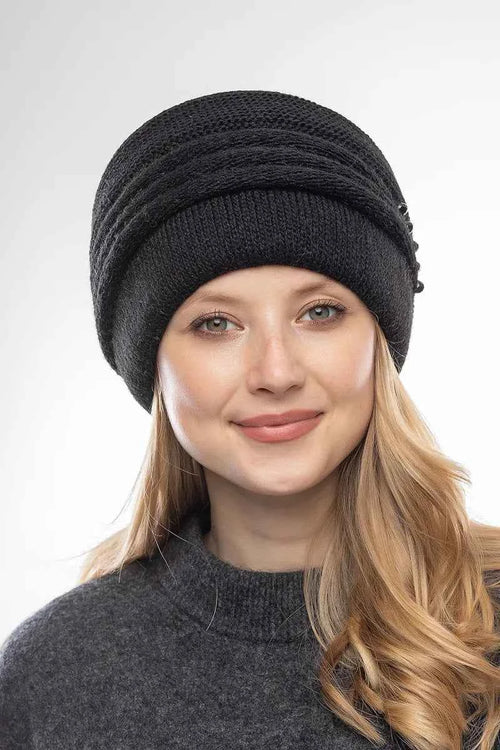 Marie Kiro Cold Open Wide-Brim Knit Beanie, Black