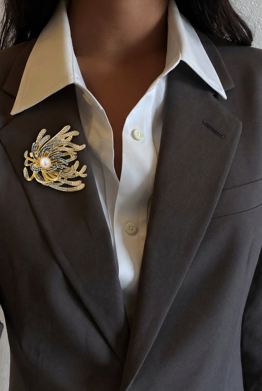 MK-Seaweed Pearl Brooch Copper Gold Plated Zircon Freshwater Pearl Three-Dimensional Gradient Ocean-Inspired Pin Corsage for Women