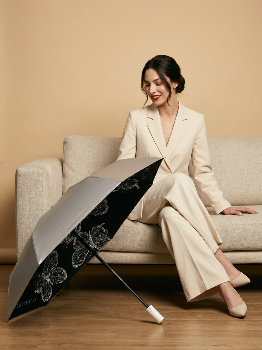 The Lithograph  Automatic Tri-Fold Umbrella | Butterfly Interior |  Black