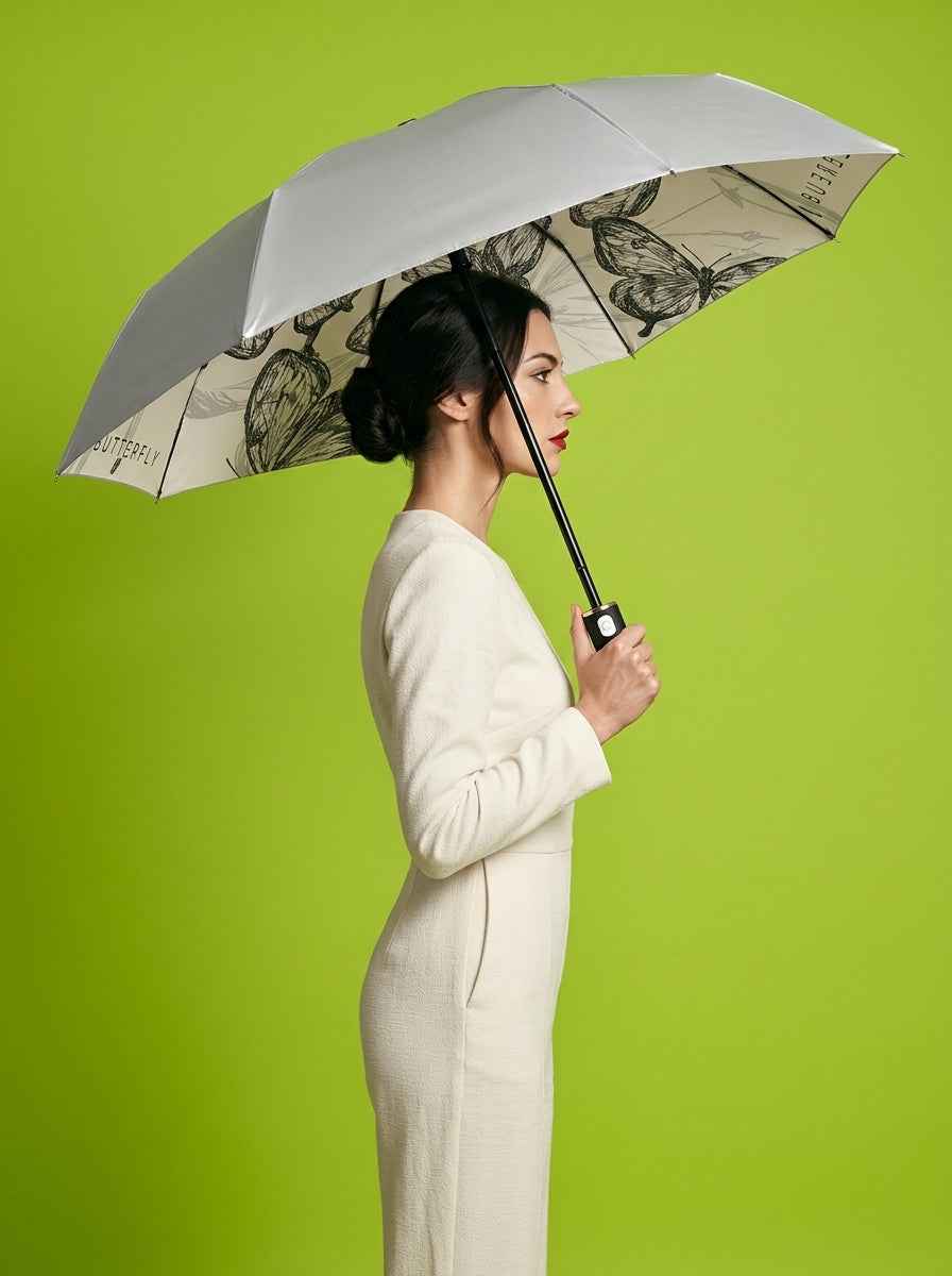 The Lithograph - Automatic Tri-Fold Umbrella | Butterfly Interior |  White
