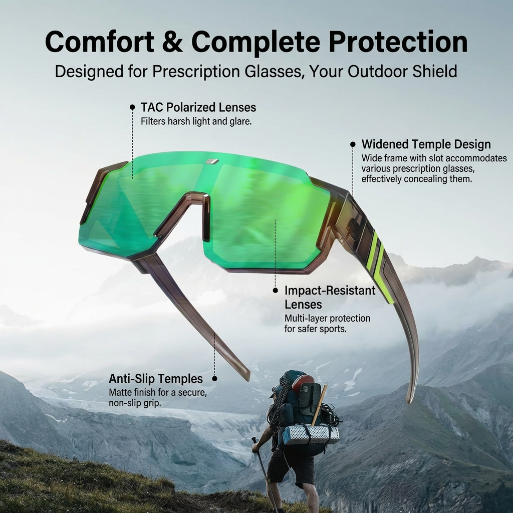 55mm Green Tint Polarized Fit Over Glasses Sunglasses for Mountain Explorers - Cuts Trail Glare - Marie Kiro