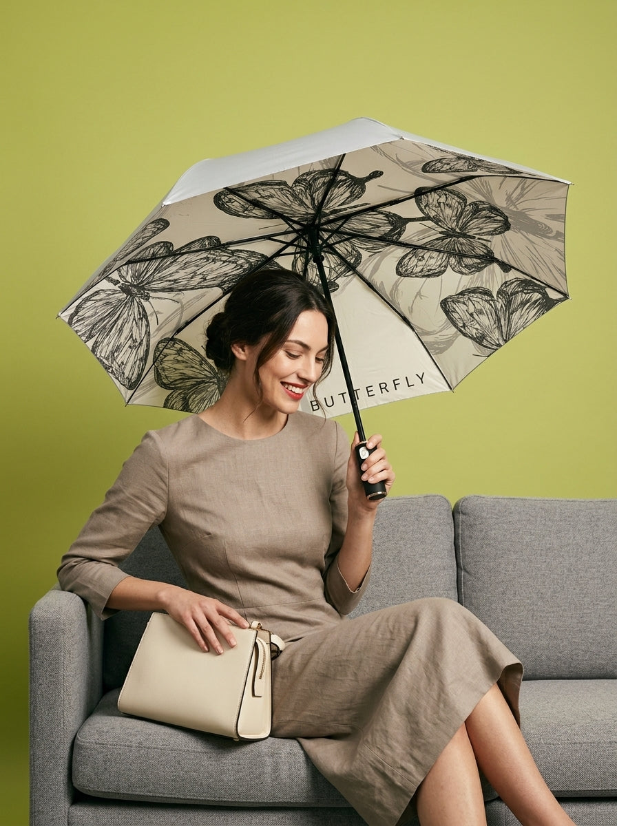 The Lithograph - Automatic Tri-Fold Umbrella | Butterfly Interior |  White